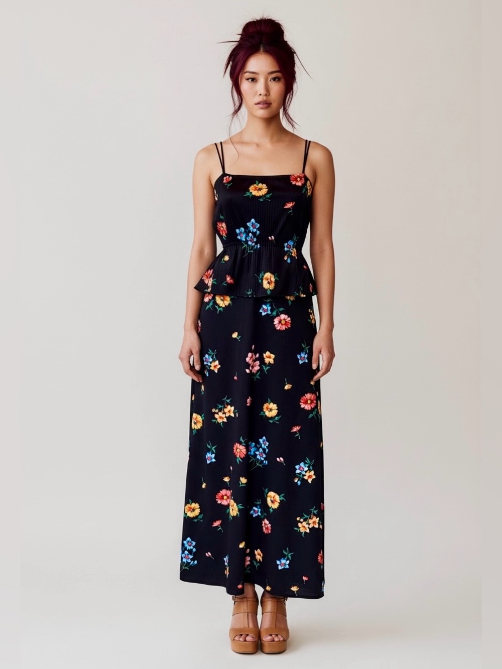 70s Boho Black Floral Print Peplum Maxi Sundress / S XS